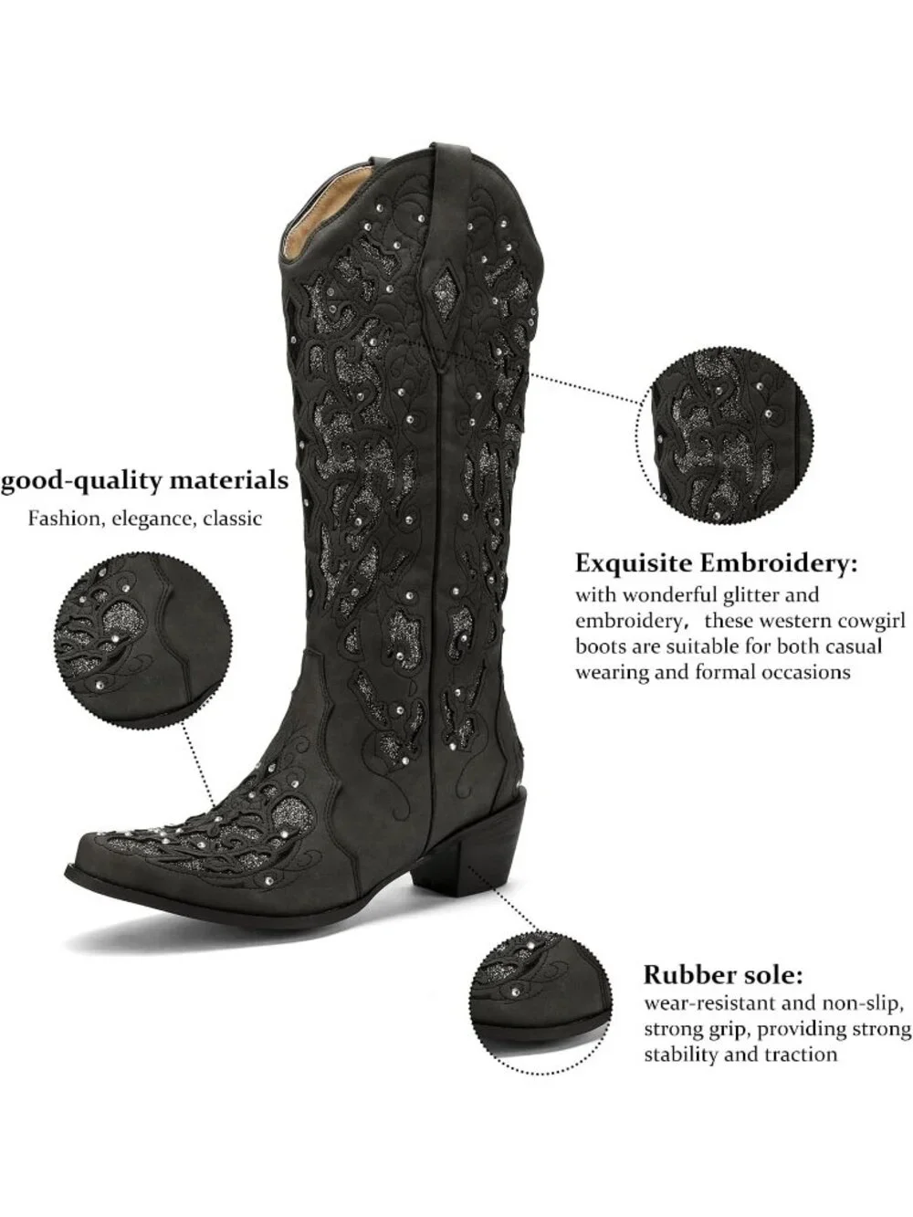 Women's Black Mid Calf Cowgirl Boot Rhinestone Comfortable Chunky Heel Western - Picture 5 of 5